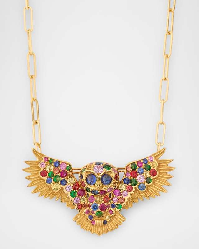 Ark 18K Yellow Gold Multi Sapphire Owl Brooch Pendant and Chain, 18"L